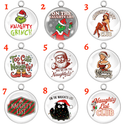 Nine Christmas-themed pendants with various designs and text.