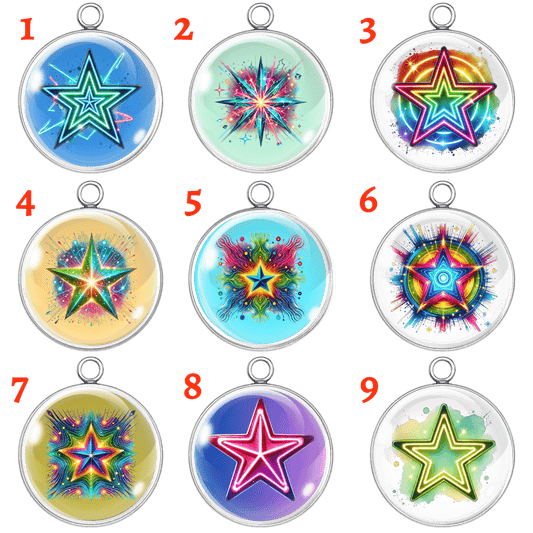 Nine colorful star-shaped pendants with various designs on a white background.