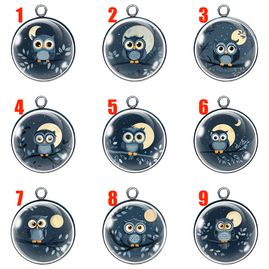 “Nine cartoon-style night owl glass cabochon charms, each numbered 1 through 9, featuring various owls sitting on branches under different moon phases and starry night skies, displayed in stainless steel settings.”