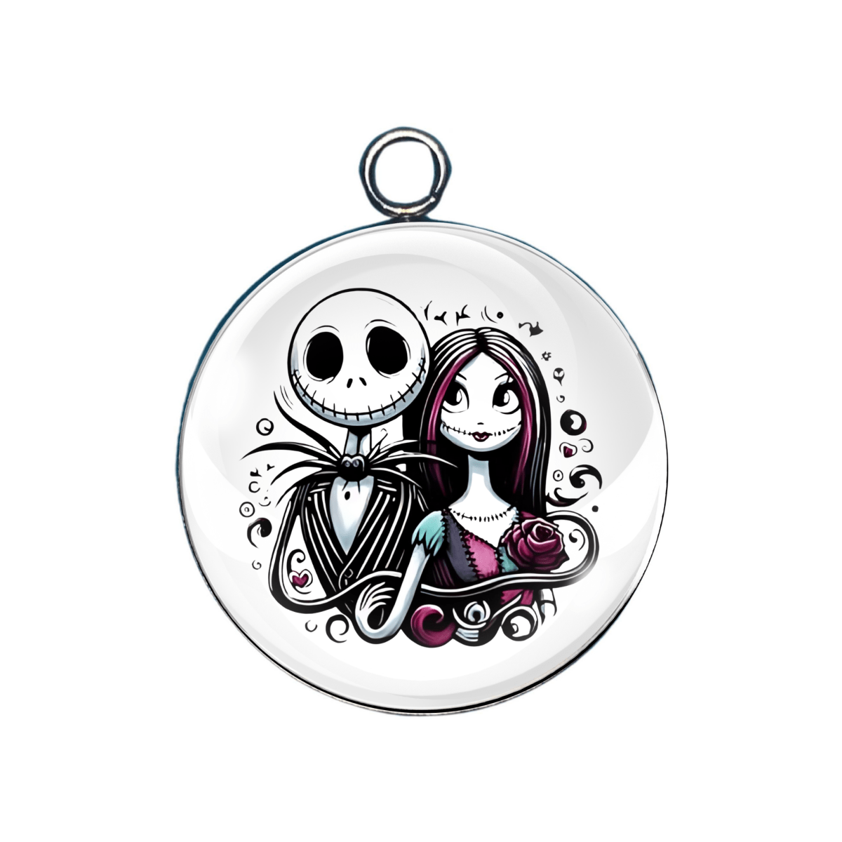 Circular pendant with cartoon characters on a white background