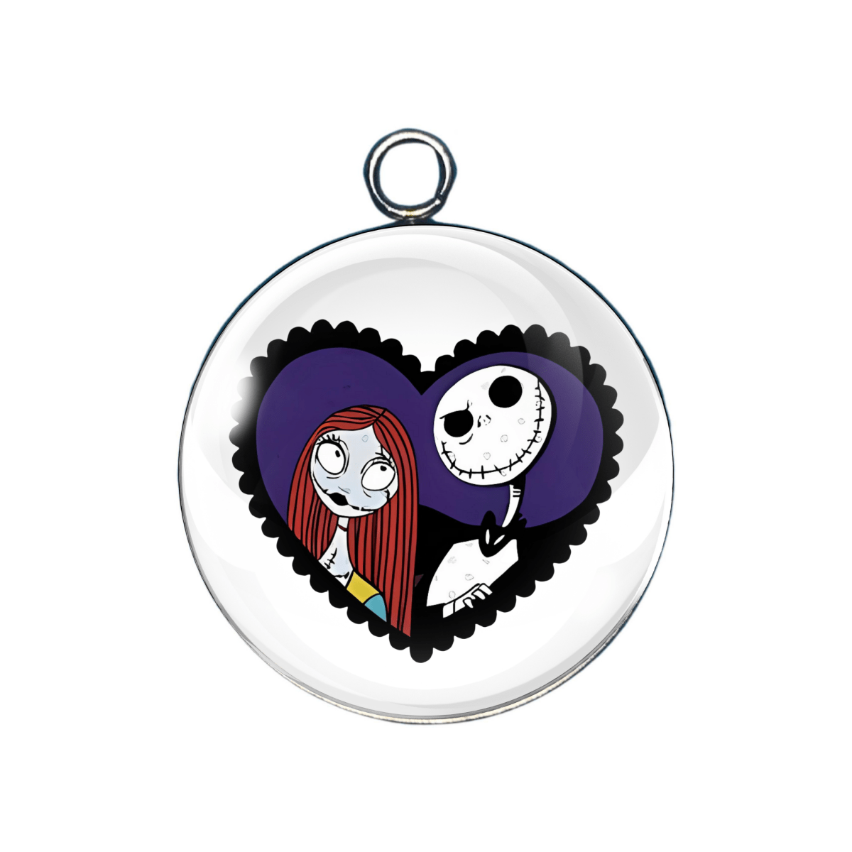 Circular pendant with cartoon characters inside a heart on a white background