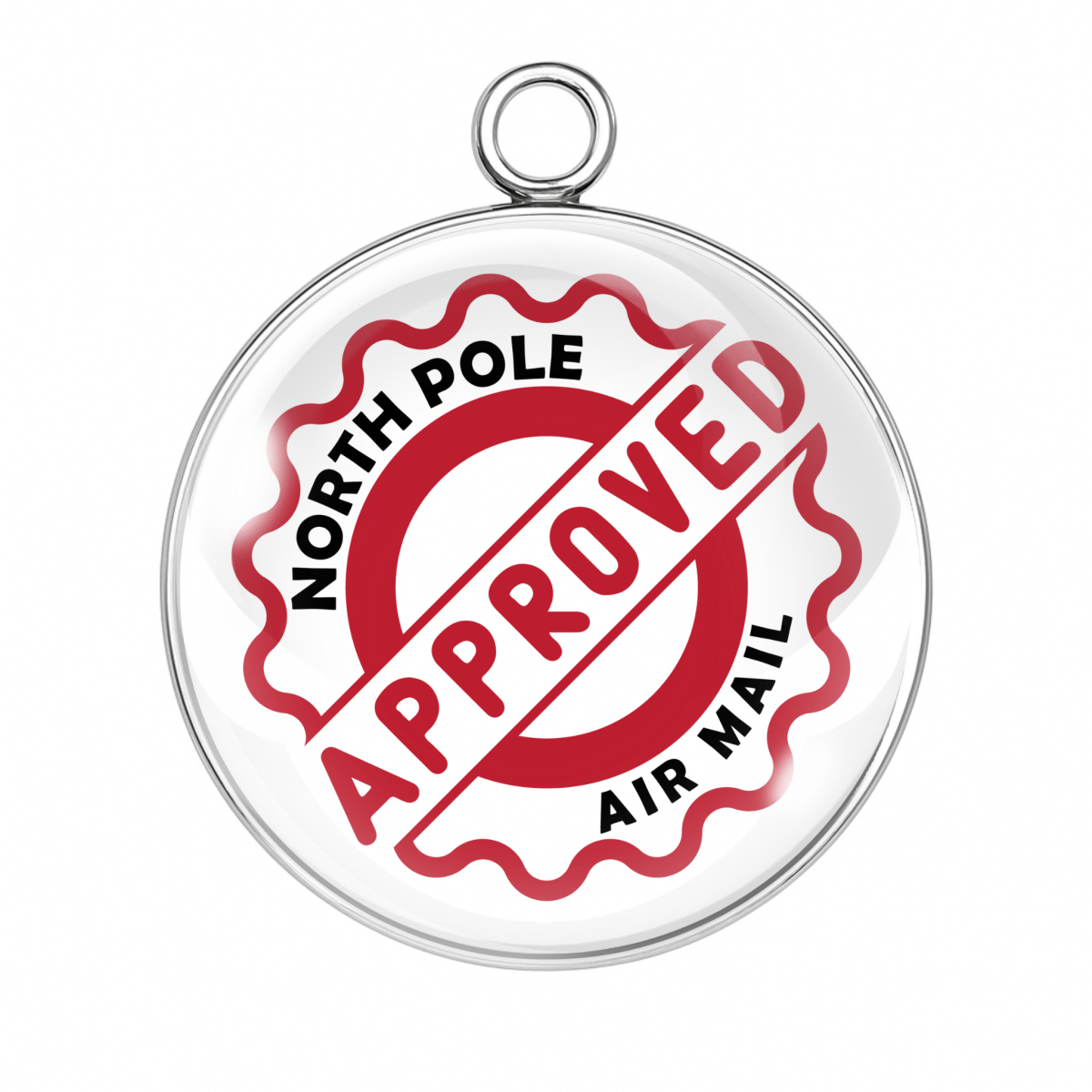 North Pole Approved Airmail red-and-white vintage seal design, round glass cabochon charm handmade for Christmas jewelry