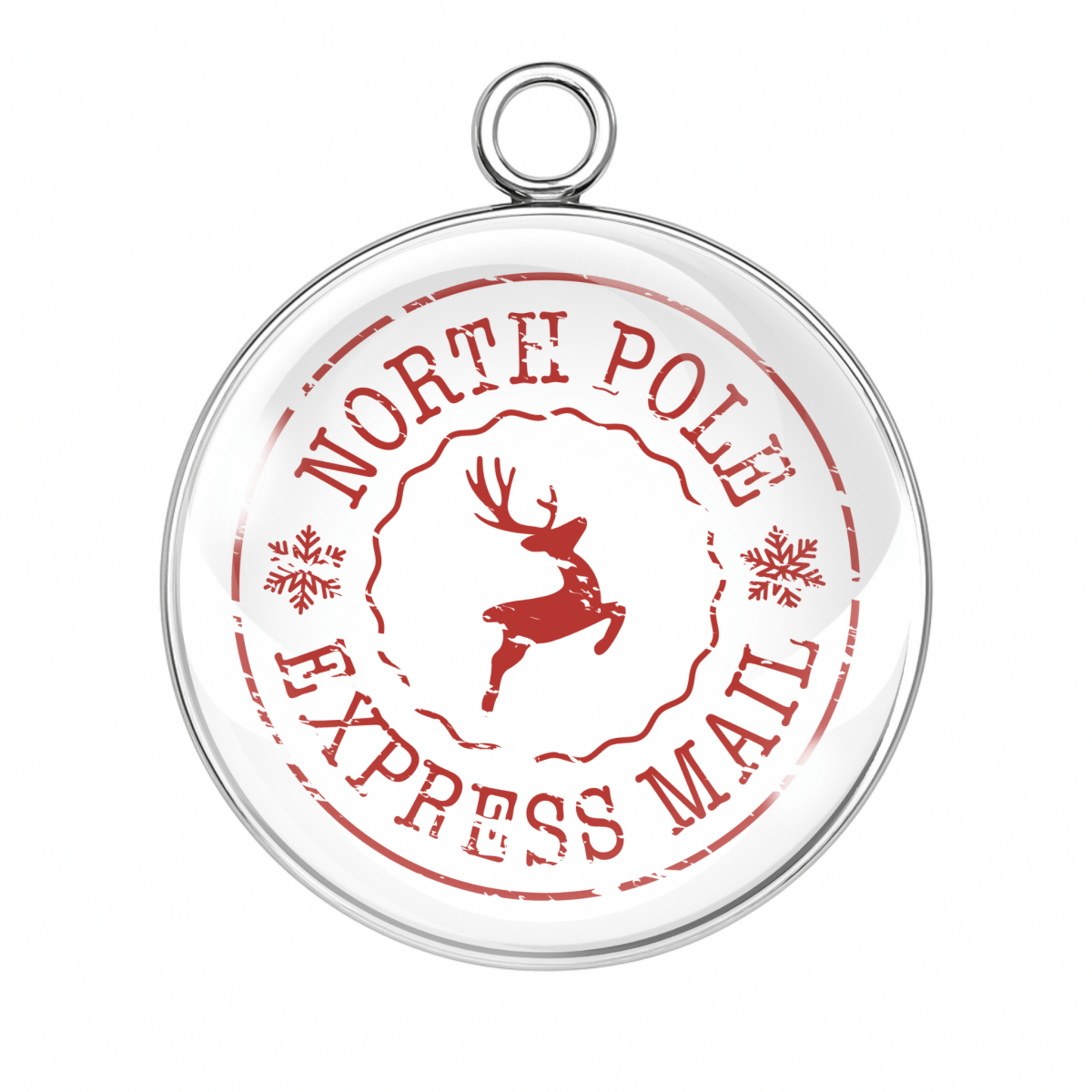 North Pole Express Mail red reindeer postal stamp charm under glass dome