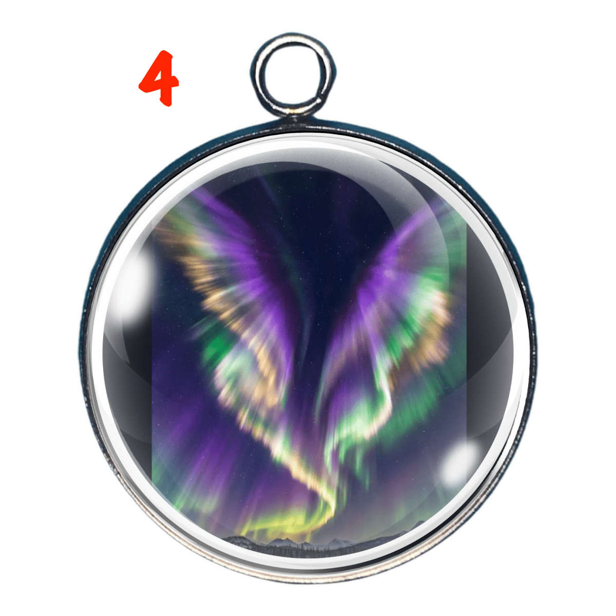 Charm of celestial angel formed from swirling northern lights in purple and gold.