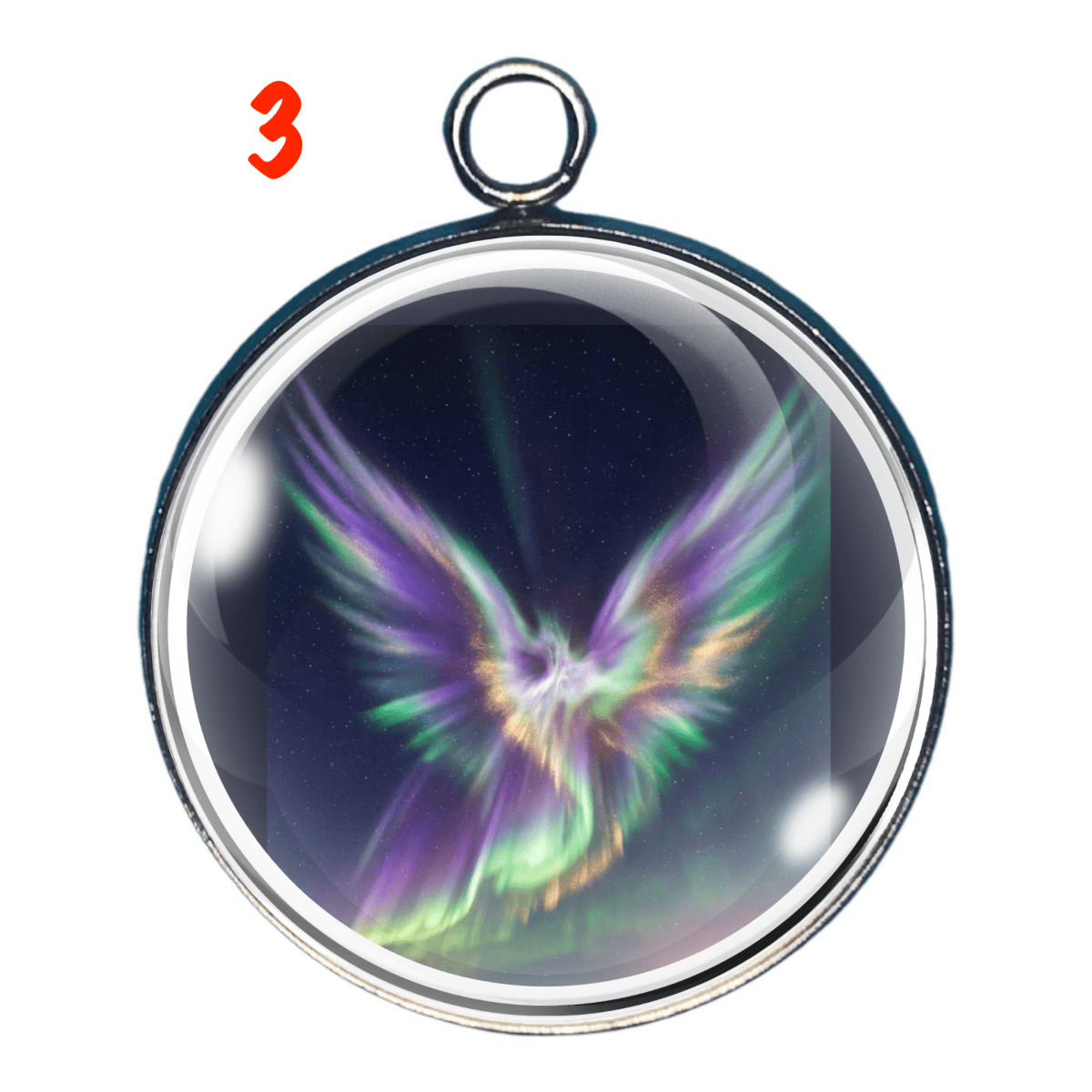 Charm of luminous aurora angel with bright green and violet wings against a dark sky