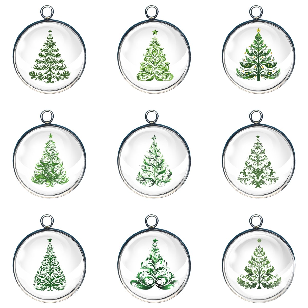 Group of 9 charm of Norwegian filligree style Christmas Trees