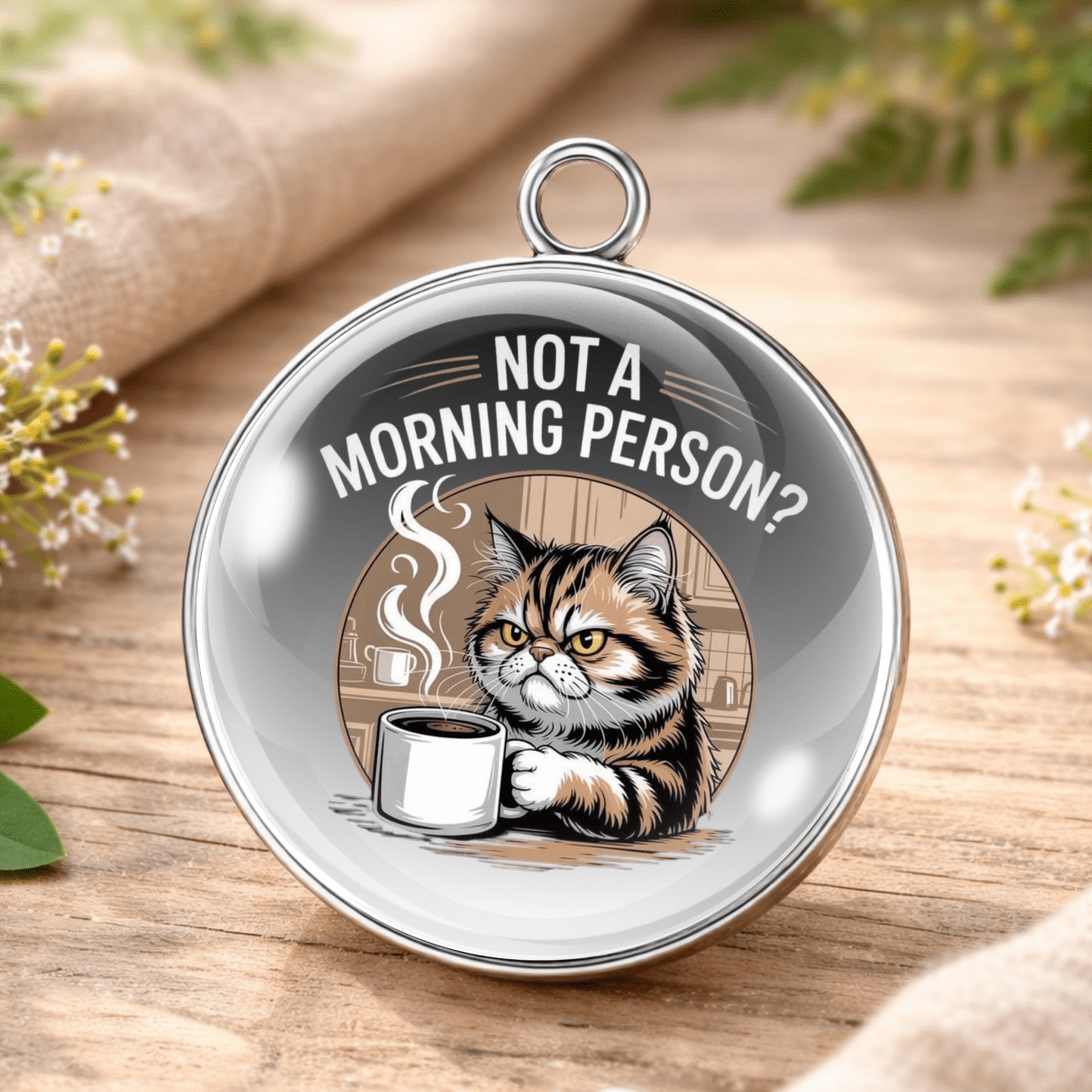 Circular pendant with a cat holding a coffee cup and text 'Not a morning person?' on a wooden surface.