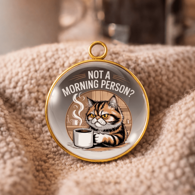 Cat-themed keychain with 'Not a morning person?' text on a soft fabric background