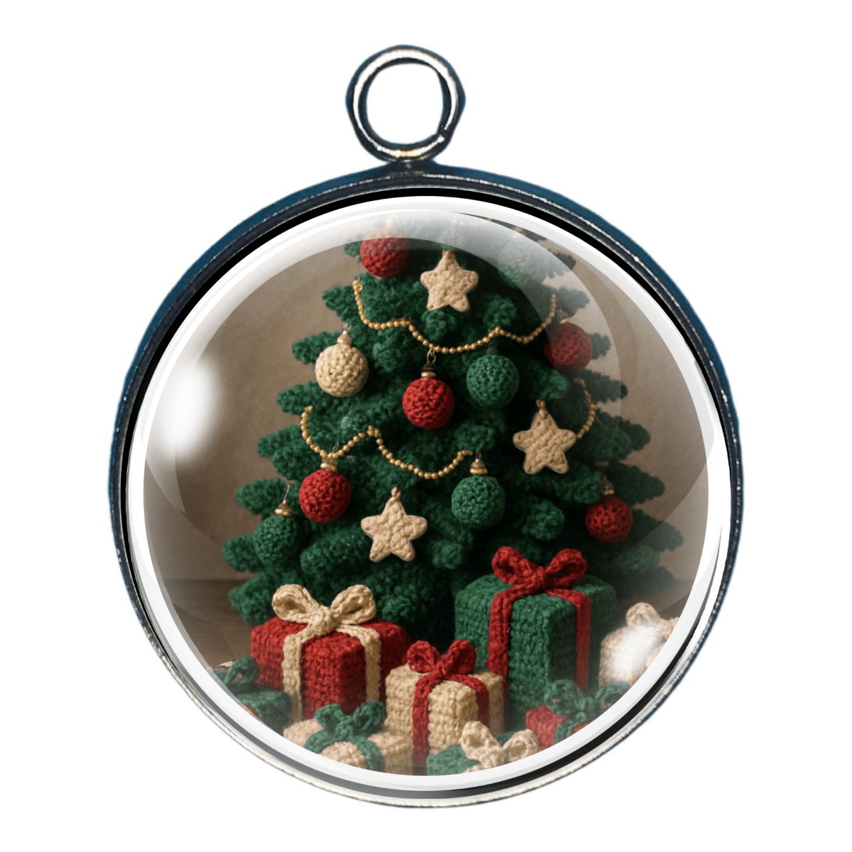 Charm of a crochet presents and christmas tree- perfect for DIY holiday jewelry and crafts.