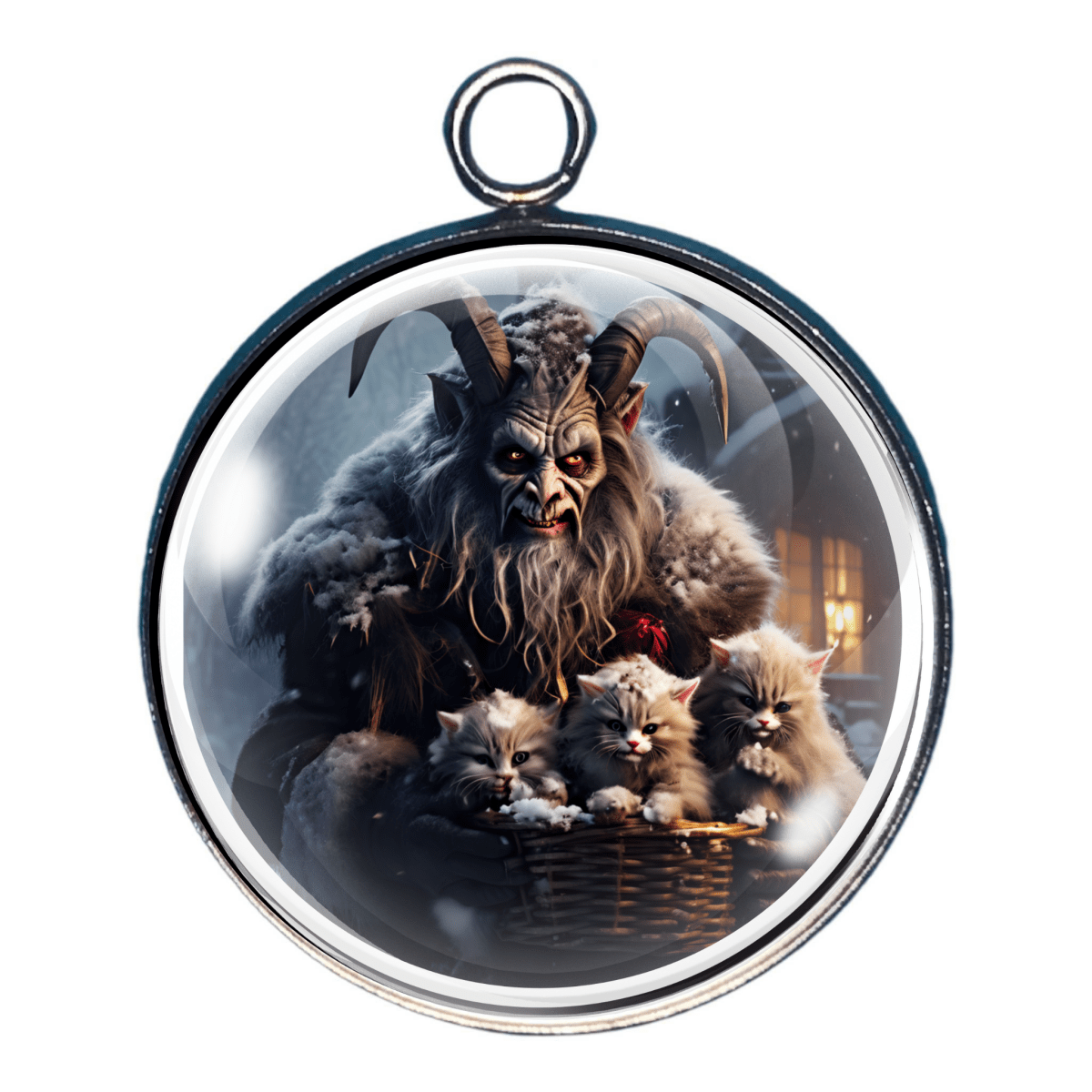 Charm of Krampus holding a basket of kittens - perfect for DIY holiday jewelry and crafts.
