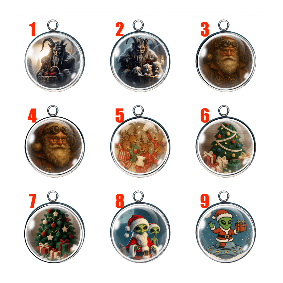 Quirky Christmas charm set of 9 with Krampus, Steampunk Santa, alien in Santa suit, and cozy reindeer—perfect for DIY holiday jewelry and crafts.