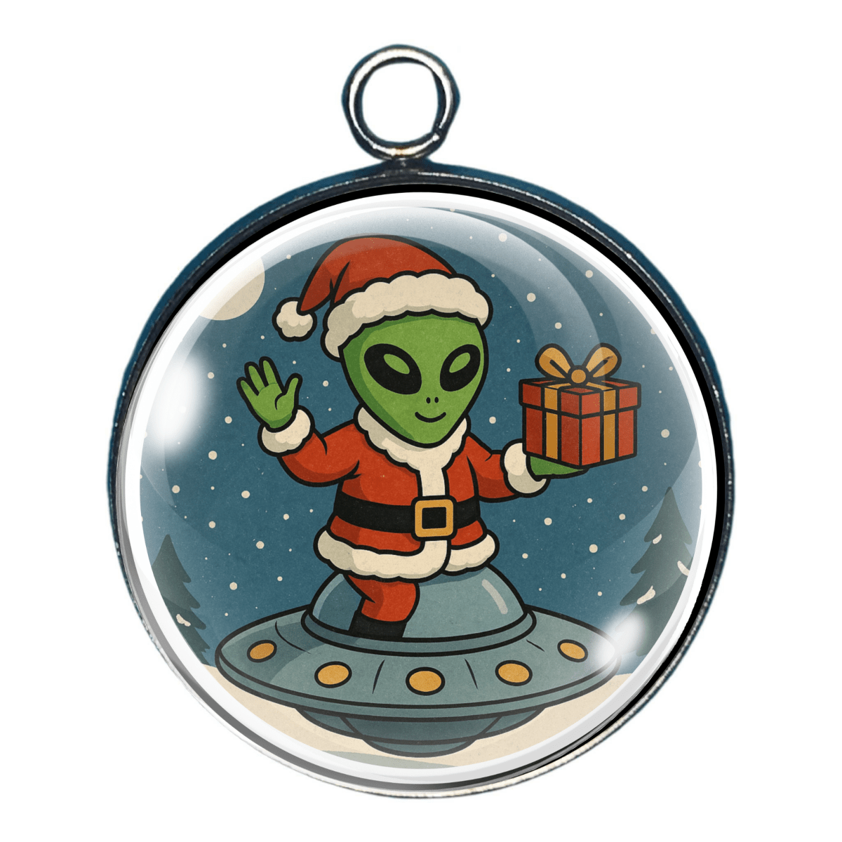 Charm of alien Santa on a UFO holding a present- perfect for DIY holiday jewelry and crafts.