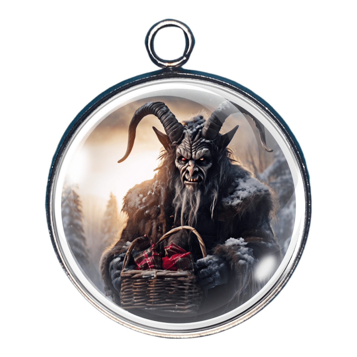 Charm of Krampus holding a basket of presents - perfect for DIY holiday jewelry and crafts.