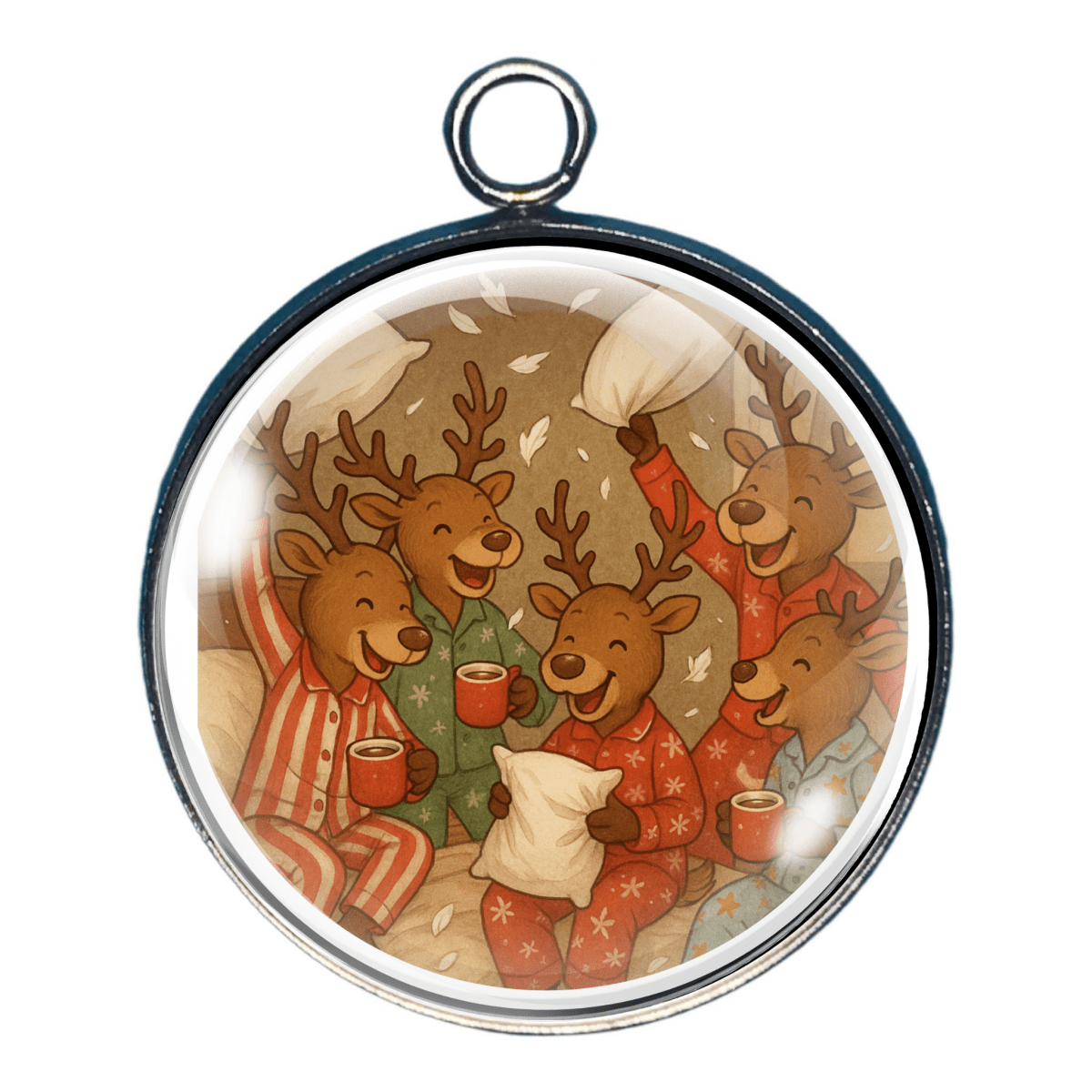 Charm of Reindeer drinking cocoa and holding pillows - perfect for DIY holiday jewelry and crafts.