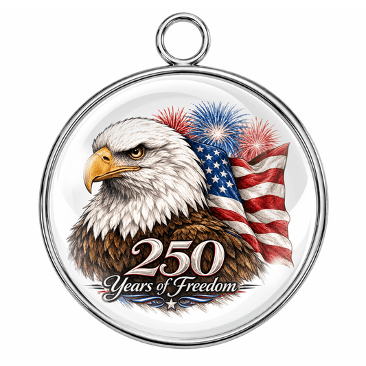 Round pendant with bald eagle, American flag, and '250 Years of Freedom' text on a white background