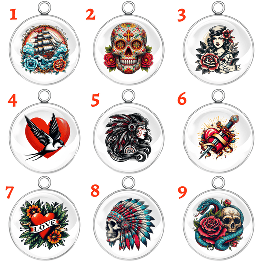 🔥 Old School Tattoo Charms – Ride Hard, Craft Harder! 🔥

Add some rebel soul to your next project with our Old School Tattoo Glass Cabochon Charms. These bold designs channel the spirit of biker ink and vintage tattoo culture — from flaming hearts and skulls to roses, daggers, ships, and pinup girls.

Each charm is handcrafted using vibrant tattoo-style art sealed beneath a crystal-clear glass dome and set in your choice of durable stainless steel finish. Whether you're into making biker jewelry, edgy boo