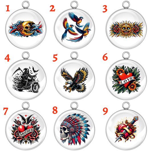 Set of 9 old school tattoo glass cabochon charms featuring skulls, eagles, hearts, swallows, and sun designs for jewelry making and crafts