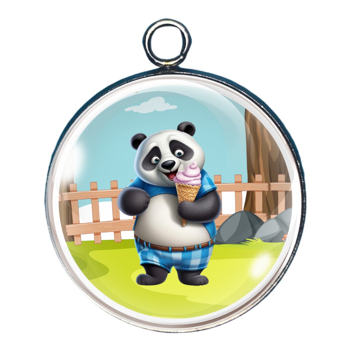 charm depicting a bigger panda standing and eating an icecream cone