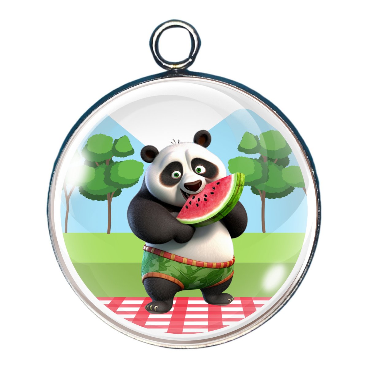 charm depicting a panda standing and  eating watermelon