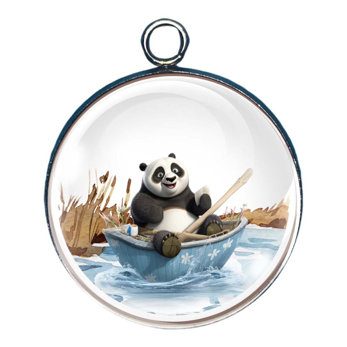 charm depicting a panda on a lake in a boat