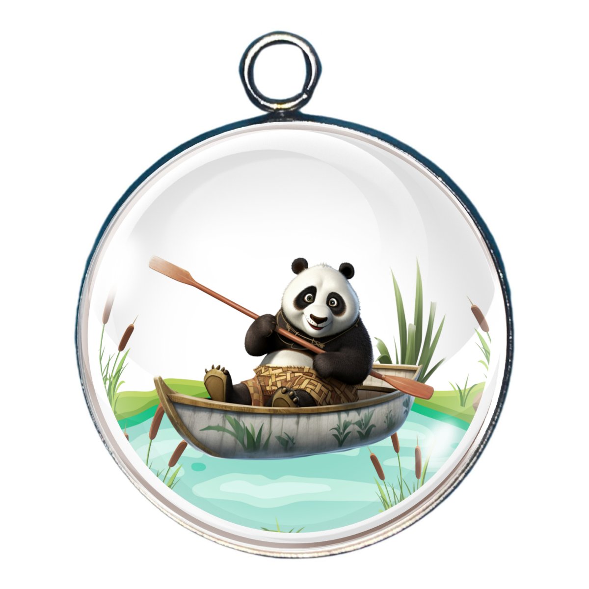 charm depicting a panda in a boat with a paddle