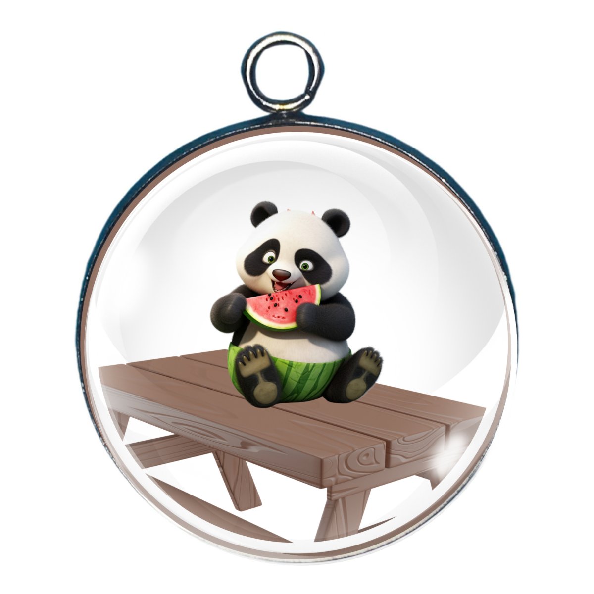 charm depicting a small panda sitting on a picnic table eating a slice of watermelon