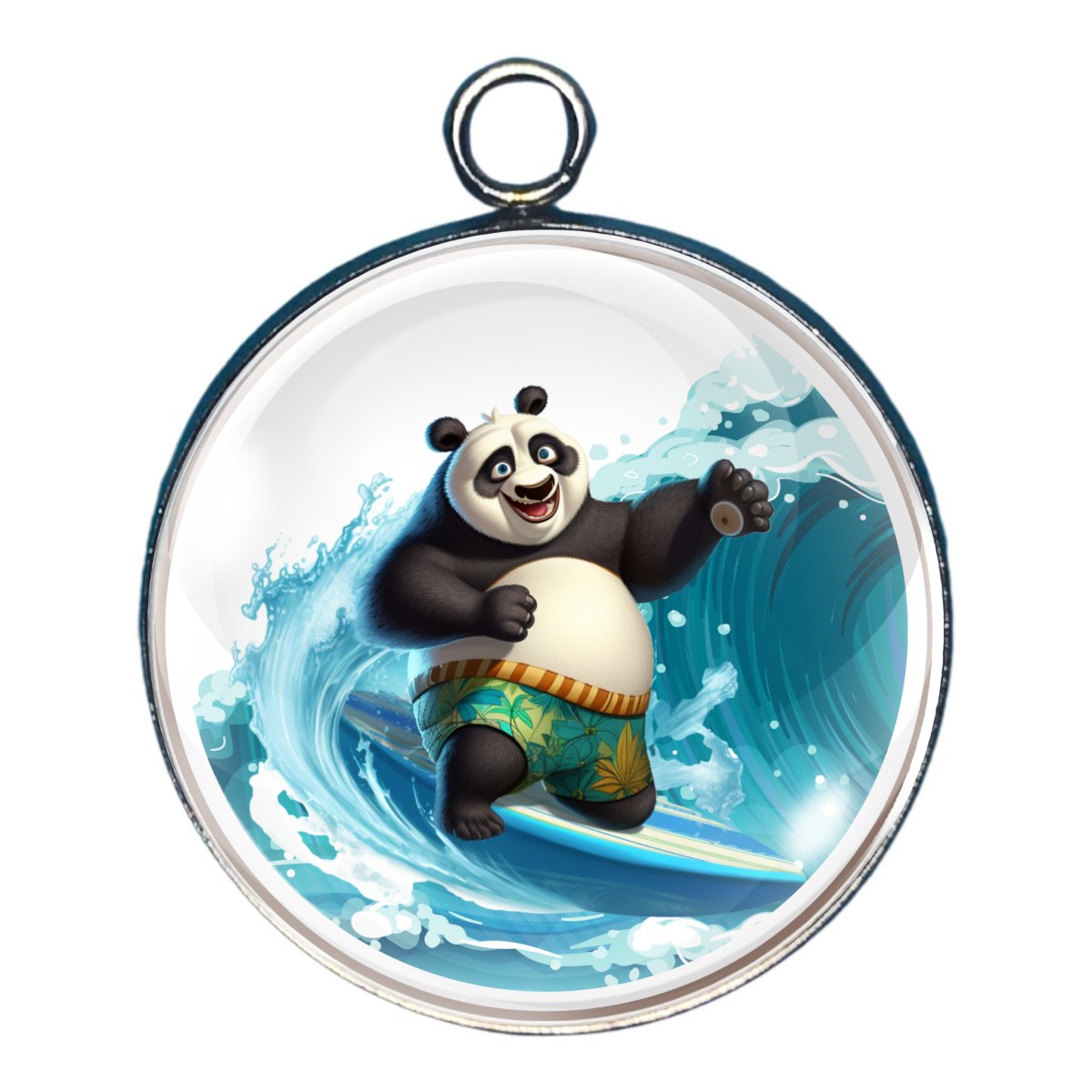 charm depicting a panda standing on a surfboard with a larg wave