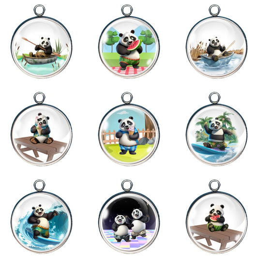 Group of 9 charms depicting Panda's having some summer fun