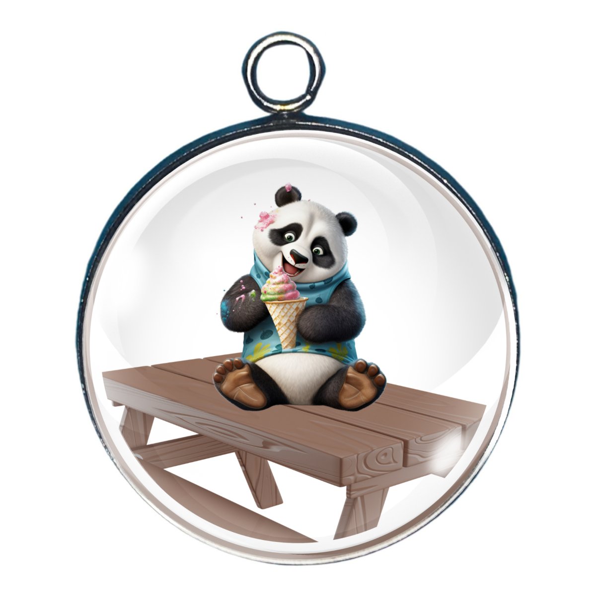 charm depicting a small panda sitting on a picnic table eating an icecream cone