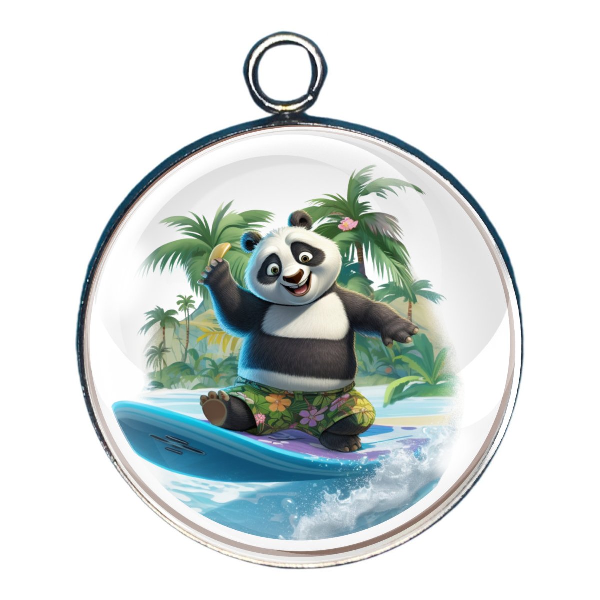 charm depicting a panda surfing