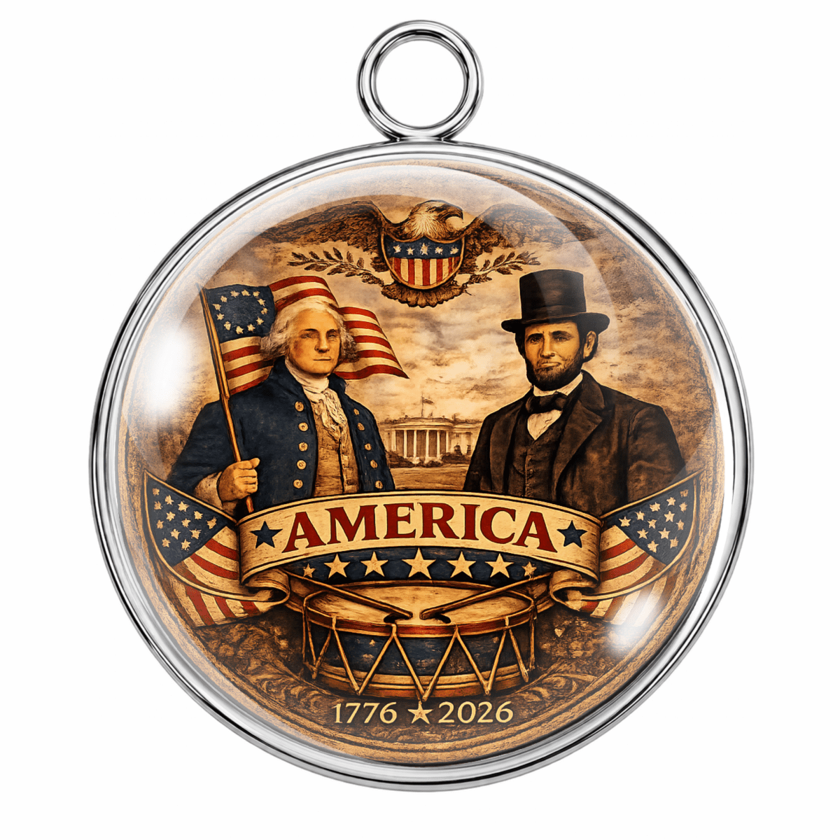 Medal with two historical figures, an eagle, and a banner reading 'America 1776-2026' on a white background.