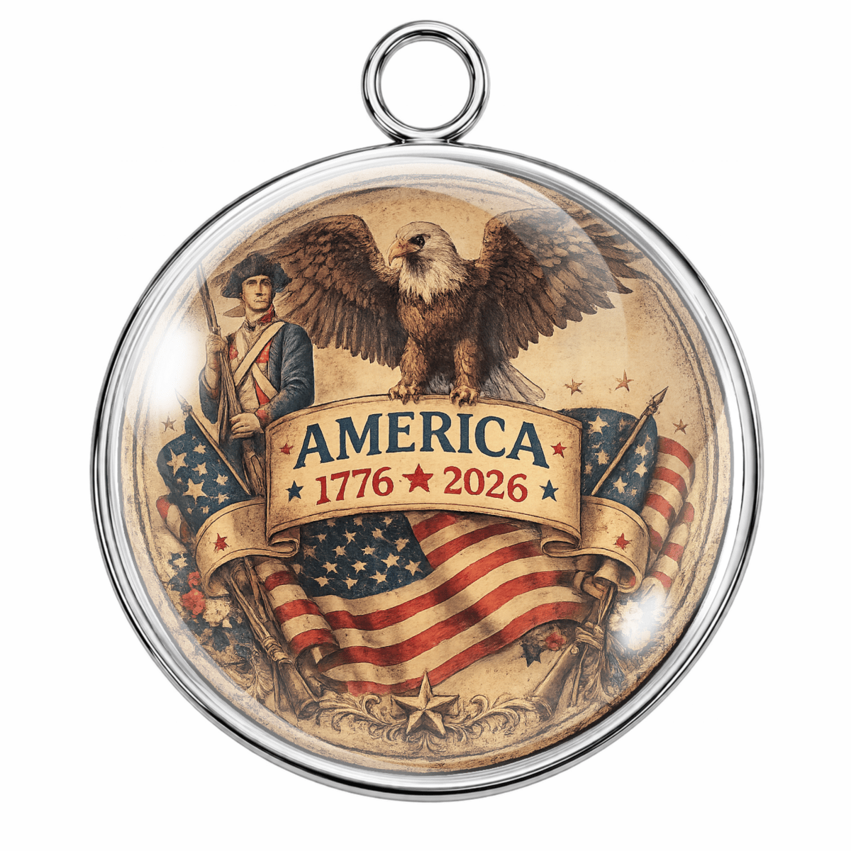 Round pendant with American flag, eagle, and text 'America 1776-2026' on a white background