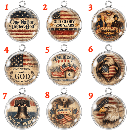 Collection of American-themed pendants with various designs on a white background