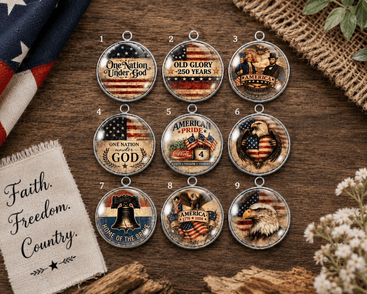 Collection of patriotic-themed pendants on a wooden surface with an American flag and decorative elements.
