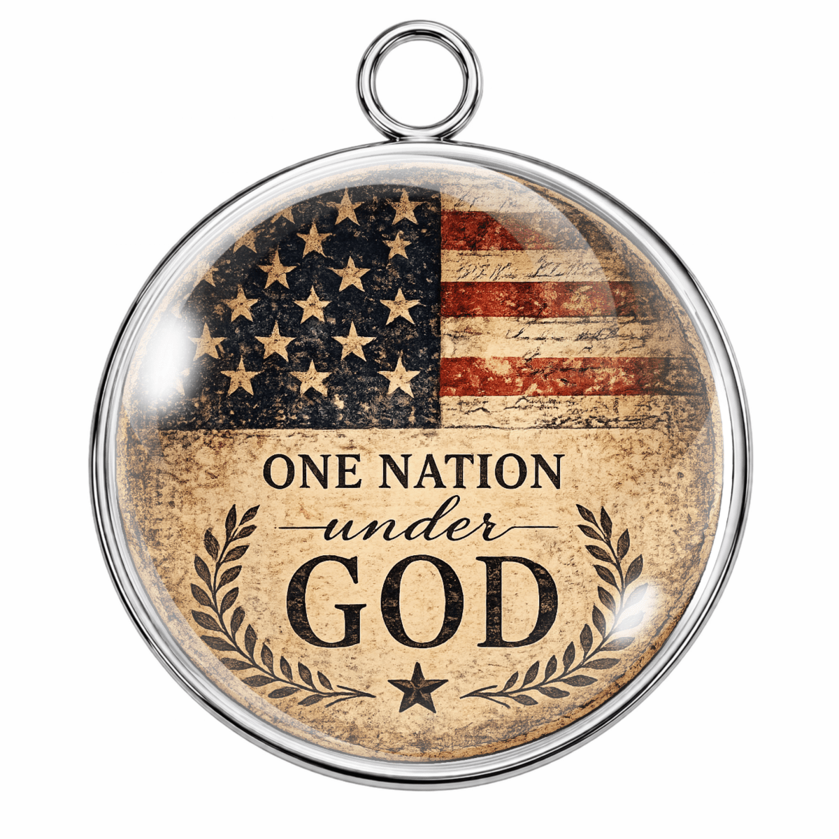Round pendant with American flag and 'One Nation Under God' text on a white background