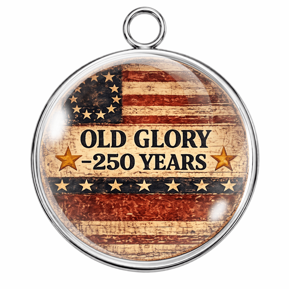 Pendant with American flag design and 'Old Glory 250 Years' text on a white background