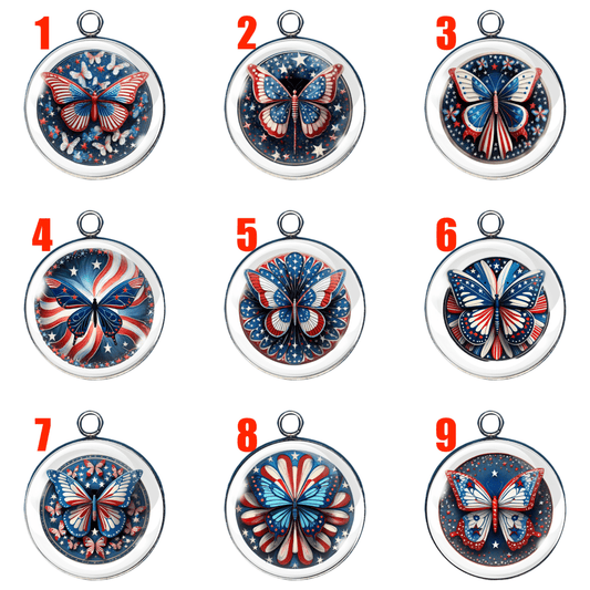 Set of 9 red white and blue patriotic butterfly charms for jewelry making