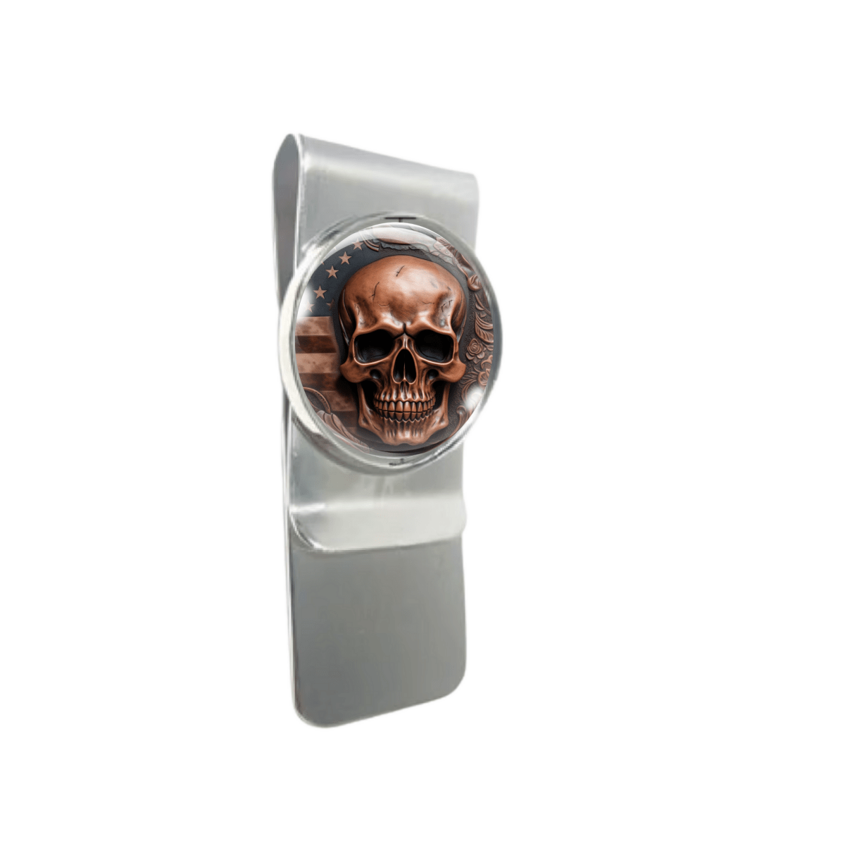 stainless steel money clip with a picture a skull in front of the American flag