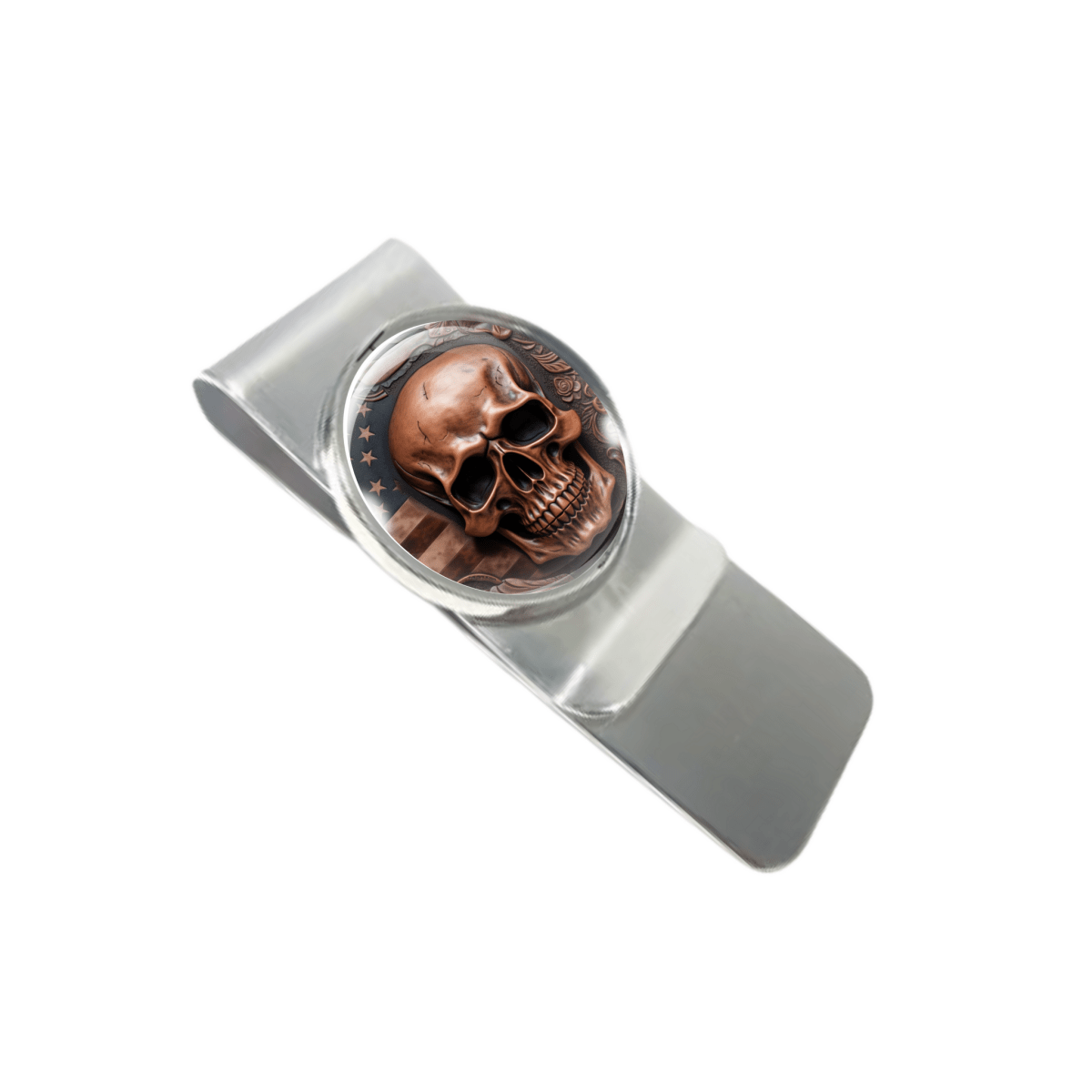 stainless steel money clip with a picture a skull in front of the American flag