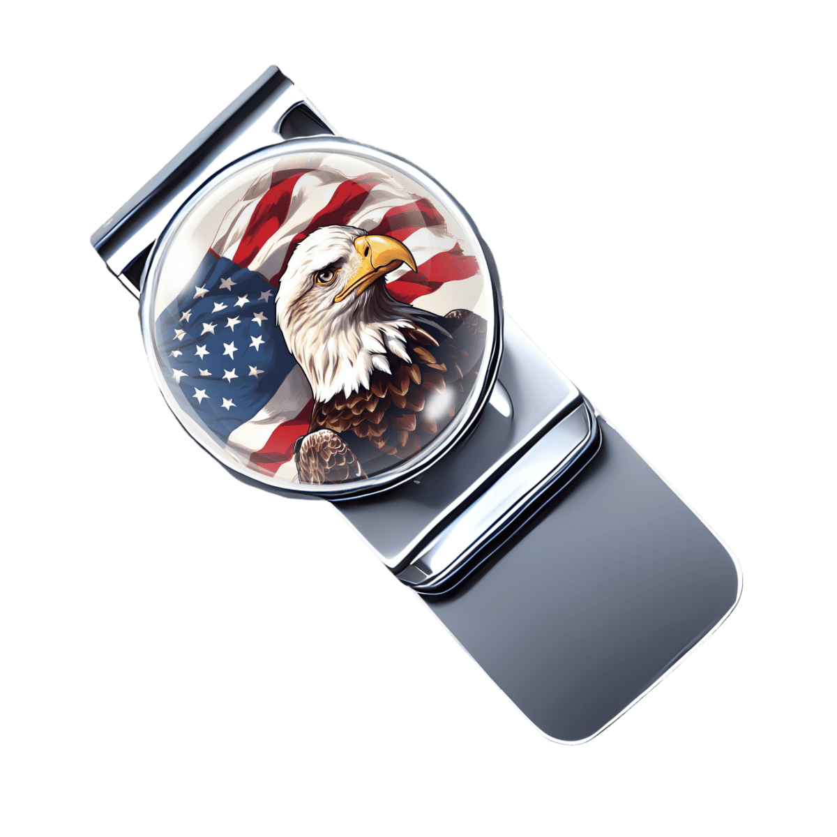 stainless steel money clip with a picture of a bald eagle in front of an American flag