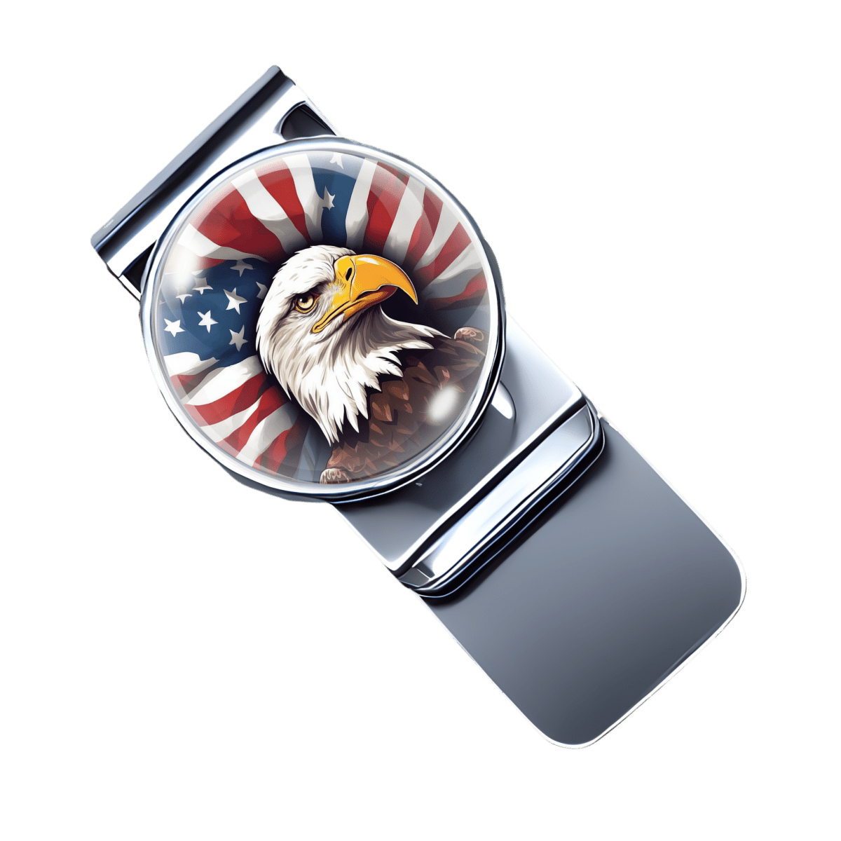 stainless steel money clip with a picture of a bald eagle in front of an American flag