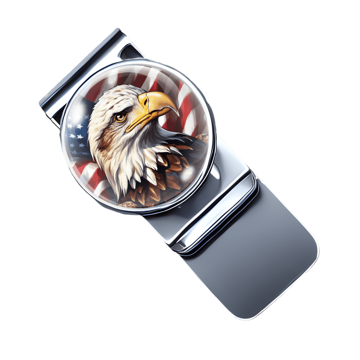 stainless steel money clip with a picture of a bald eagle in front of an American flag