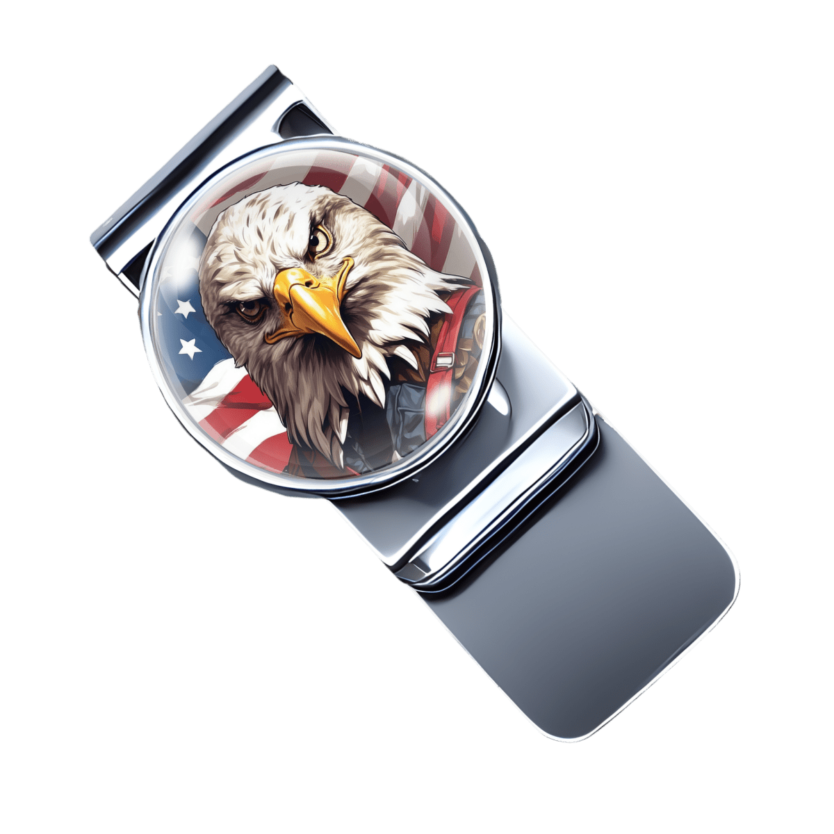 stainless steel money clip with a picture of a bald eagle in front of an American flag