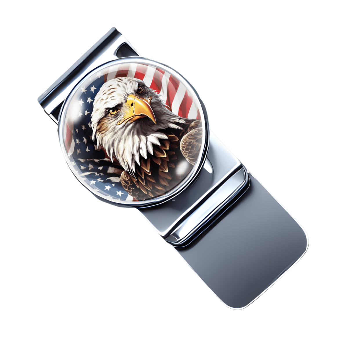 stainless steel money clip with a picture of a bald eagle in front of an American flag