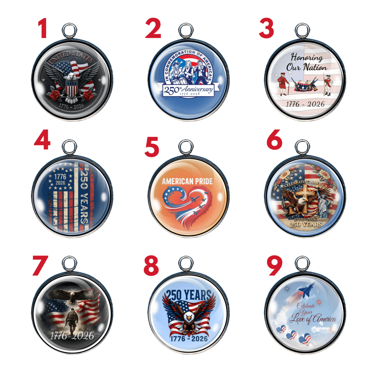 charm collection celebrating America’s 250th anniversary with patriotic 1776–2026 designs