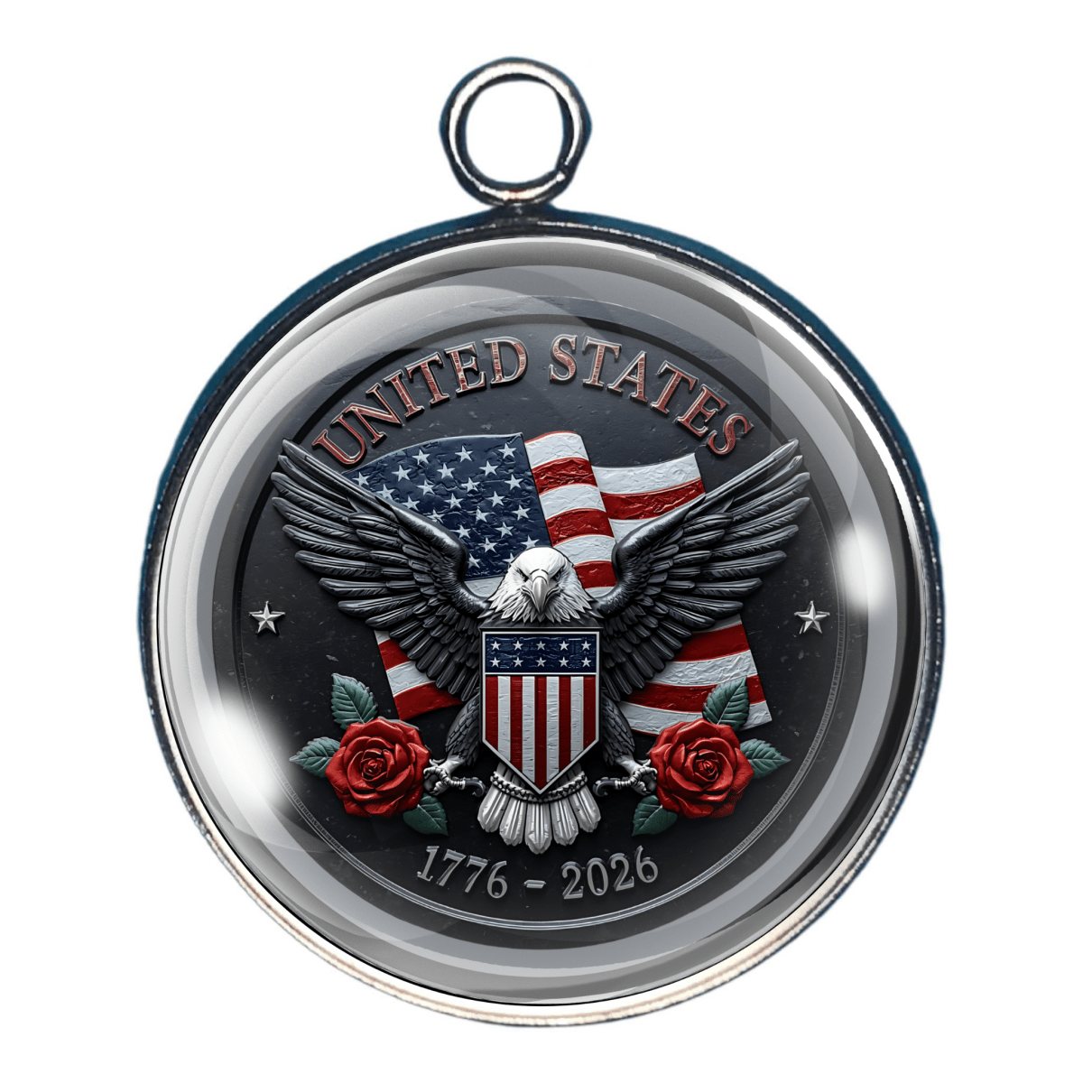 charm of United States eagle crest with American flag and 1776–2026 anniversary
