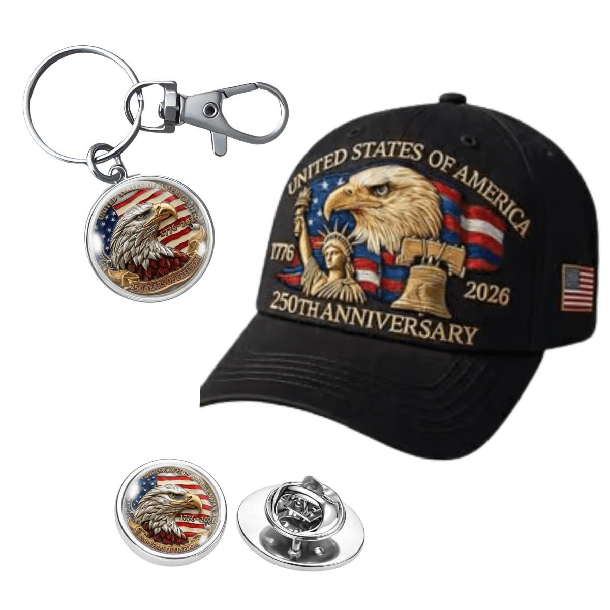 Black cap with 250th Anniversary design, keychain, and pins featuring American flag and eagle.