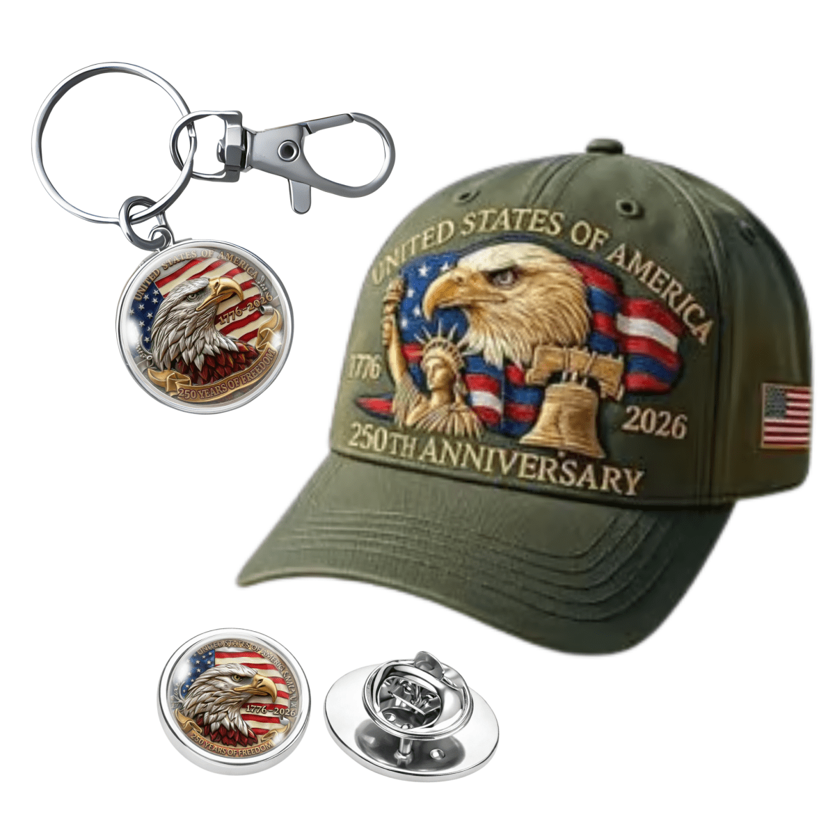 Green cap with American eagle design, keychain, and pins on a white background