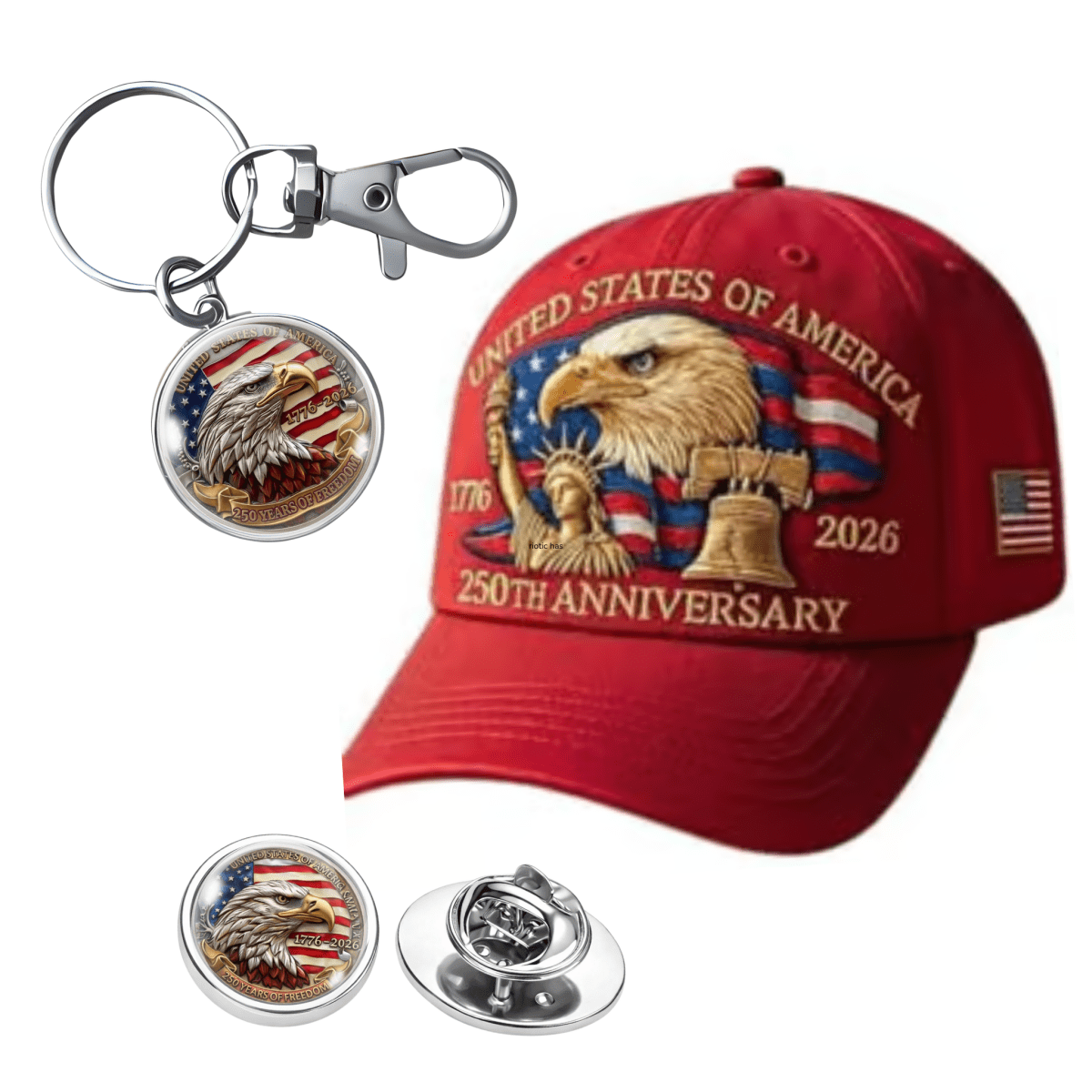 Red cap with 'United States of America 250th Anniversary' design, keychain, and pins featuring an eagle and flag.