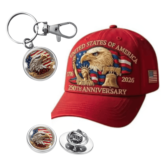 Red cap with 'United States of America 250th Anniversary' design, keychain, and pins featuring an eagle and flag.